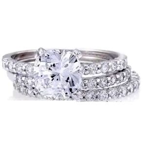 Cushion Cut Pave absolute Cz Engagement eternity Ring sterling Set Silver HSN